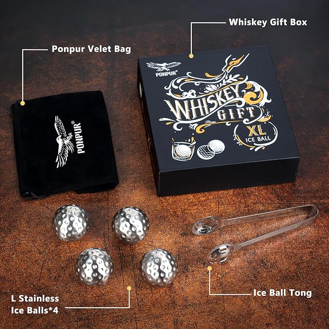 PONPUR Men's Golfer Gifts, Chirstmas Anniversary Birthday Gifts for Dad Him Husband, 4 Whiskey Golf Balls with 1 Tongs, Reusable Stainless Steel Golf Ice Balls Whiskey Gift for Golf Lover