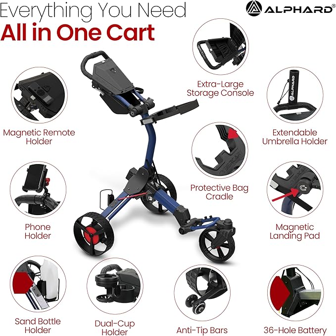 Alphard Electric Golf Cart with Remote - Cybercart Electric Golf Caddy, Motorized Golf Caddy w Accessories - Cup Holder, Umbrella Holder, Anti-tip Wheels, Phone Holder, Magnetic pad - Compact Folding
