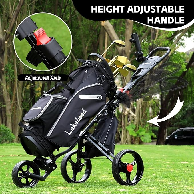 Lakehood 3 Wheel Golf Push Cart & Golf Bag Cart - Easy Fold/Unfold, Smooth Golf Push Pull Cart, One-Tap Brake, Push Golf cart Perfect for Golf Enthusiasts & Professionals
