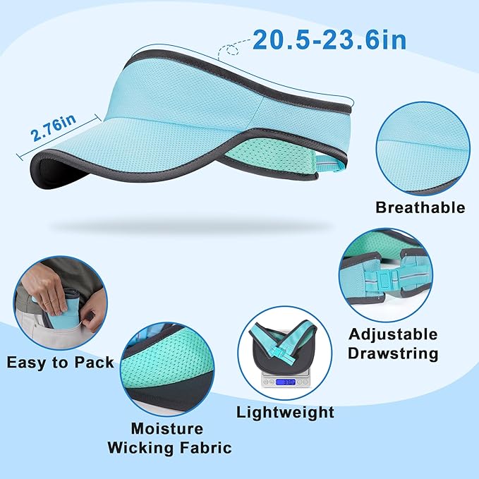 Sports Sun Visor for Men Women, Lightweight Soft Quick-Dry Visor Hat, Packable Tennis Golf Running Visor