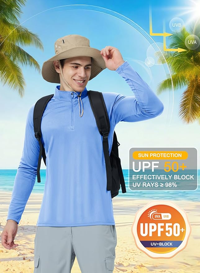 CRYSULLY Men's Long Sleeve 1/4 Zip Shirts Sun Protection Pullover UPF 50+ Rash Guard Running Lightweight T Shirt