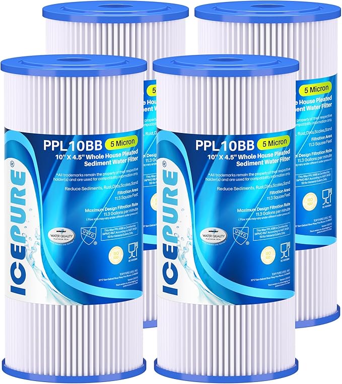 ICEPURE 5 Micron 10" x 4.5" Whole House Sediment Pleated Water Filter Replacement for GE FXHSC, Culligan R50-BBSA, Pentek R50-BB, DuPont WFHDC3001, W50PEHD, GXWH40L, GXWH35F for Well Water, 4PACK