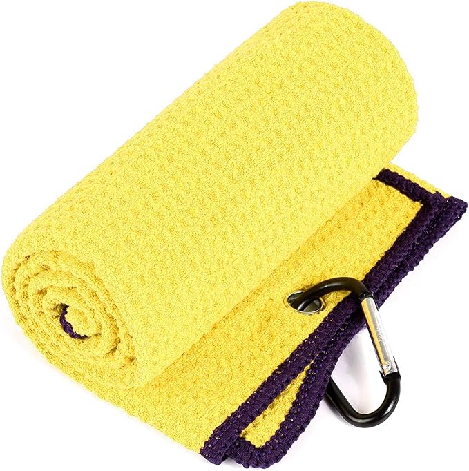 VIVIDLY 2 Pack Tri-fold Golf Towels, Premium Microfiber Fabric Waffle Pattern with Black Heavy Duty Carabiner Clip, Yellow Golf Towels for Golf Bags for Men (Yellow)