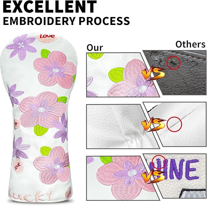 Golf Head Cover Golf Club Peach Blossom Design Golf Covers PU Headcovers Set Fits Driver Fairway Wood Hybrid Utility Woods Iron Wedge Headcover.