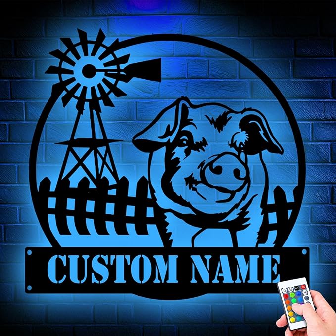 Custom Funny Pig Farmhouse Metal Sign, LED Lights Wall Art, Unique Home Decor for Kitchen or Living Room, gift for Animal Lovers, Handcrafted Hanging Decoration