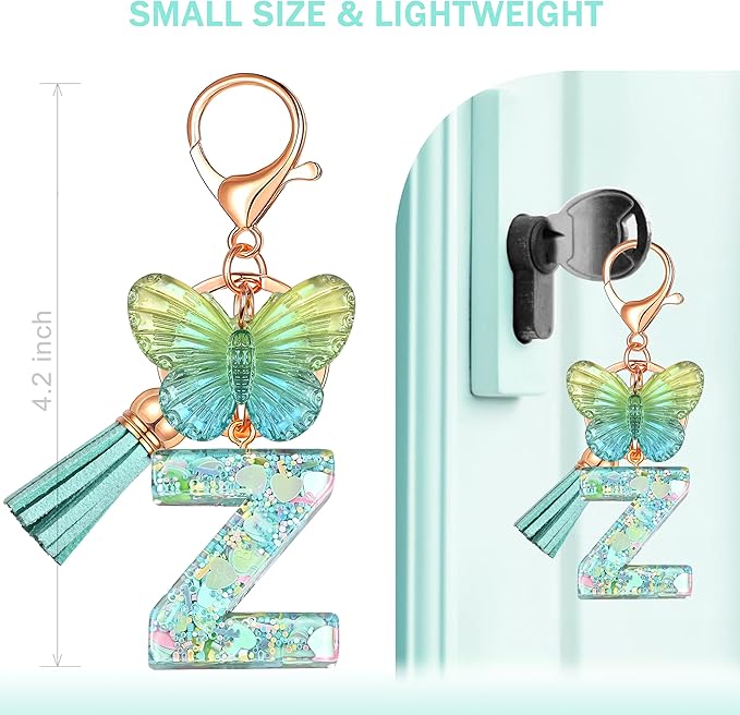 JINGUAZI Initial letter Keychains for Women Tassel Butterfly Pink Purple Cute Car Keychain for Wallet Backpack bag charm