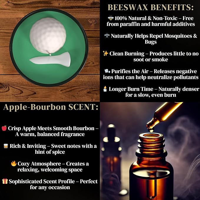 All-Natural Golf Candle – Apple Bourbon Scent | Hand-Poured in The USA | Beeswax & Soy Wax | Essential Oils | 100% Beeswax Wick | Premium Gift Box | Candle Gifts for Men & Women