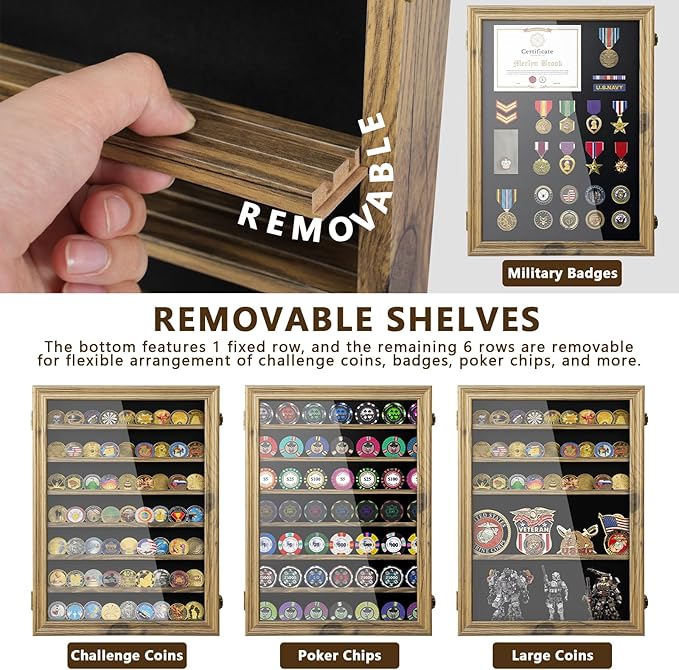 7 Rows Military Challenge Coin Holder Display Case with HD Tempered Glass - Holds 100 Coins, Medal Display Cabinet, Shadow Box for Casino Poker Chips, Removable 2-Groove Shelves, Rustic Wood