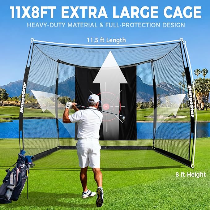 MangoStar Golf Net, 11x8ft Golf Simulators Hitting Net with High-Density Impact Screen and Target Cloth, Heavy Duty Practice Cage for Swing Driving, Home Backyard Garage Indoor Outdoor Use