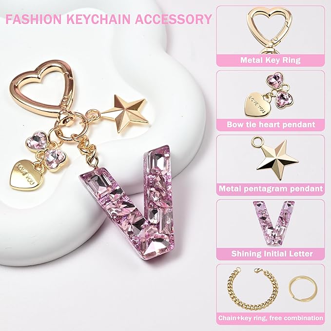Cute Bling Keychain initial Letter Butterfly Star Pink Purple Gift for Women Girls Bag Cup Charms Accessories