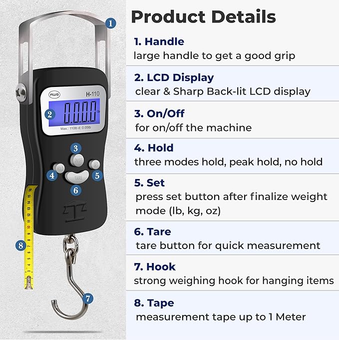 AWS Digital Luggage Scale, Fish Weighing Scale, Hanging Scale 110lb/50kg – Die-Cast Metal Construction, Built-in Tape Measure, Hook & Handle – for Travel, Fishing, Archery, Hunting, Outdoor (Black)