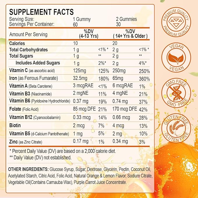Iron Gummies Vitamin Supplement 65mg & Vitamin C 250mg per Serving with B6 B12 Folate- Energy Support for Iron Deficiency, Anemia, Vegan Orange & Lemon Flavor, 120 Count