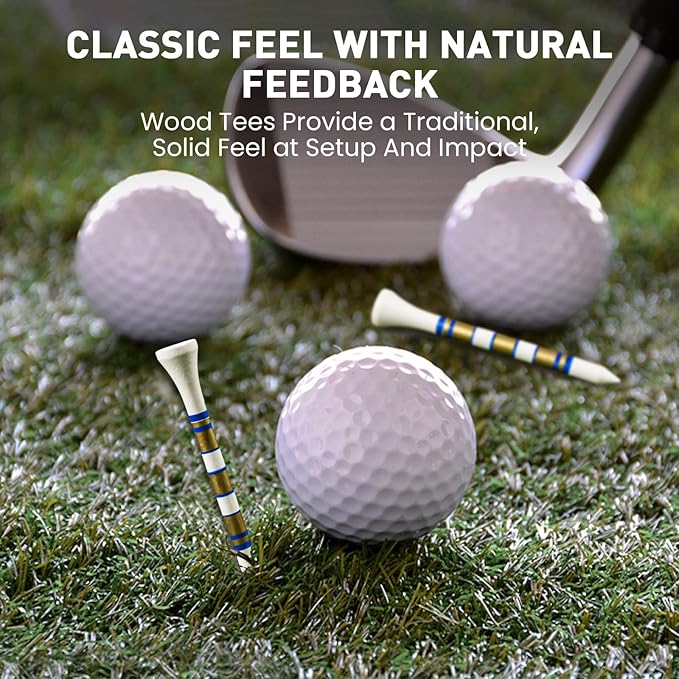 FINGER TEN Golf Tees Wood 3 1/4 2 3/4 Inch Value 50/120 Count, Durable Tees with Bright Colored Stripes for Consistent Height, 70mm 83mm Long Tees Ideal for Golfers