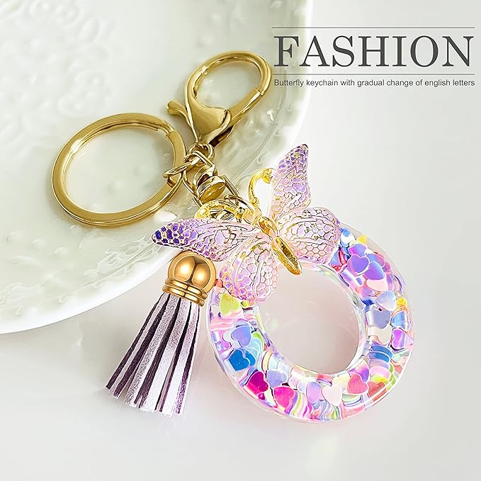 JINGUAZI Initial letter Keychains for Women Tassel Butterfly Pink Purple Cute Car Keychain for Wallet Backpack bag charm