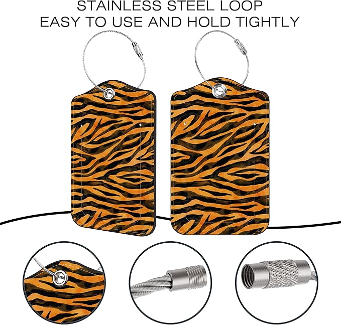 2 Pack Luggage Tags for Suitcase,Tiger Print PU Leather Luggage Tags with Privacy Cover Name Address Labels and Steel Ring,Creative Travel Accessories for Men and Women