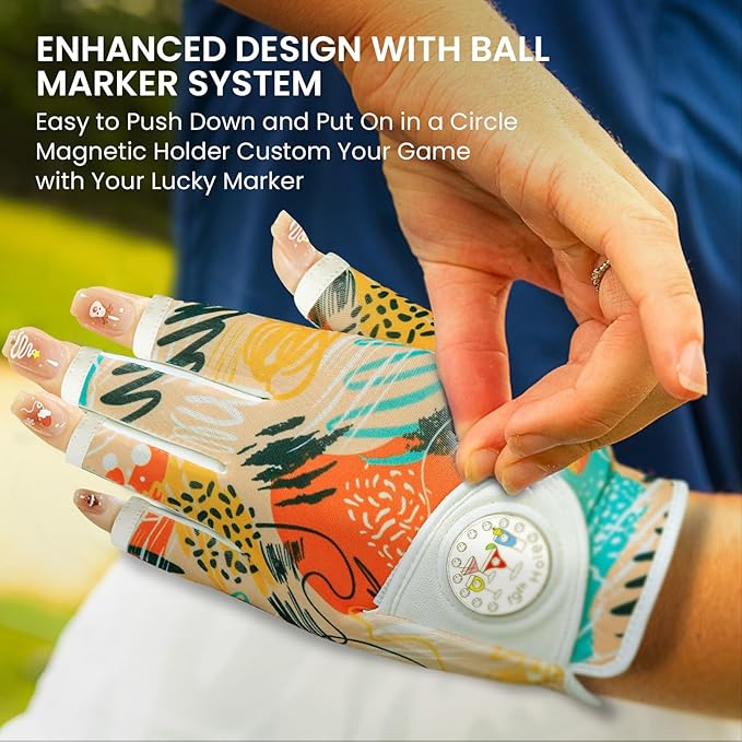 FINGER TEN Stylish Golf Gloves Women with Ball Marker 1 Pack for Left or Right Hand, Breathable Glove with Fashion Patterns for Ladies Right Left Handed Golfer