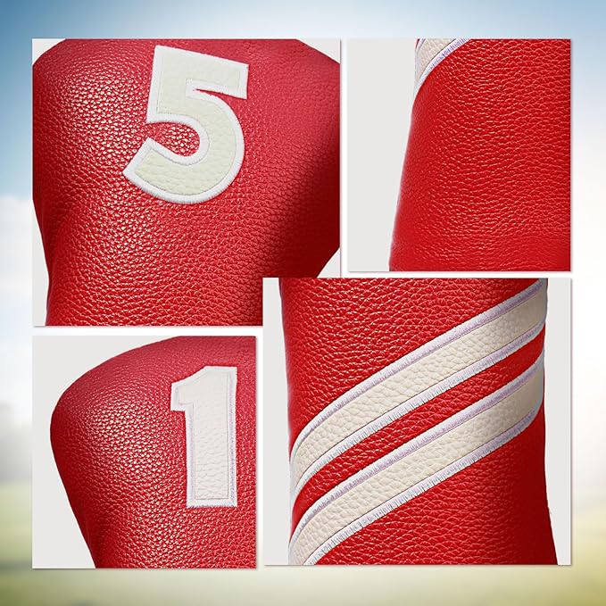 Golf Club Head Covers for Fairway Woods Driver Hybrids, 4pcs Premium PU Leather Women Golf Headcovers Set with No.Tags1 3 5 X.(Red)