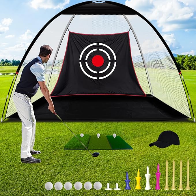 Gagalileo Golf Net: Backyard Practice Hitting Driving Training by Turf Mat Target Real Ball Indoor Outdoor Chipping Swing Gift for Golfers Dad Husband Men