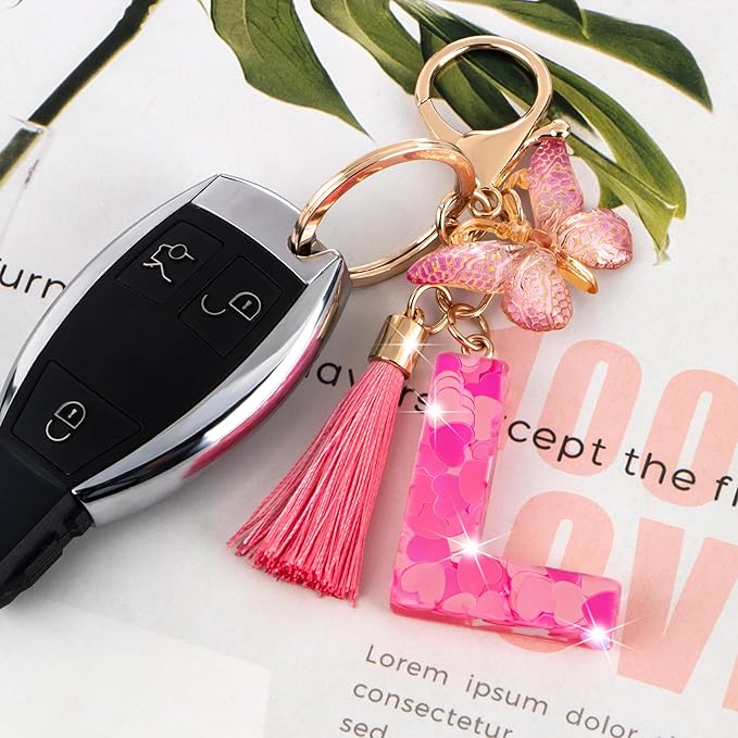 Suweibuke Colourful Cute Initial Letter Keychains for Women Girls with Tassel Butterfly, Charm for Purse Handbags Backpacks