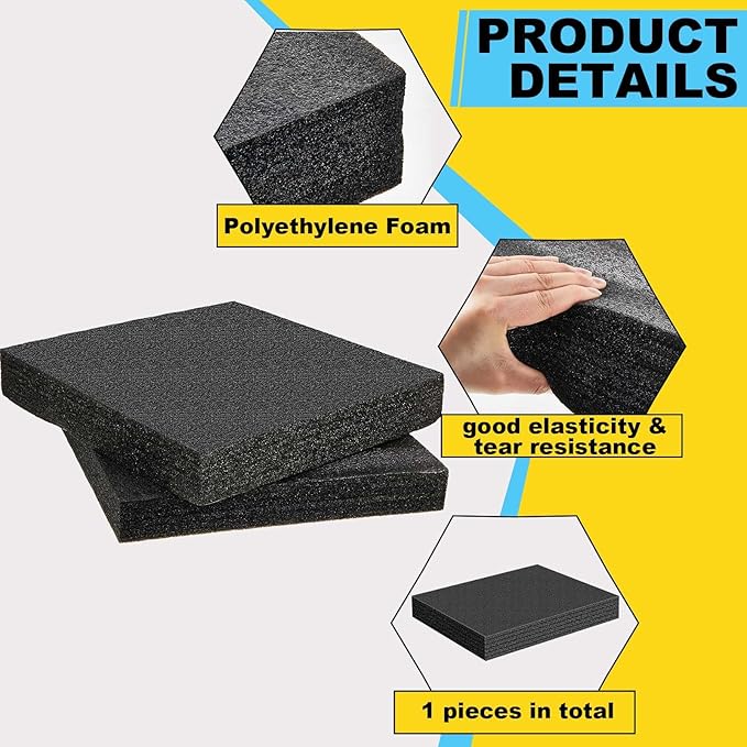 Treela 1 Pcs Customizable Polyethylene Foam Sheets 16x12x2" Black Thick Cuttable Foam Padding Inserts for Cases, Polyethylene Block Sheet for Packing Toolbox Storage and Craft Pad