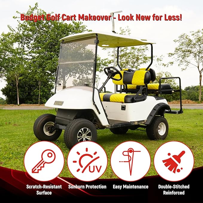 Golf Cart Seat Covers Front and Rear Waterproof and Sun Resistant Marine Grade Vinyl Leather Seat Cover Accessories for EZGO TXT 1994-2013, Yellow(4PCS)