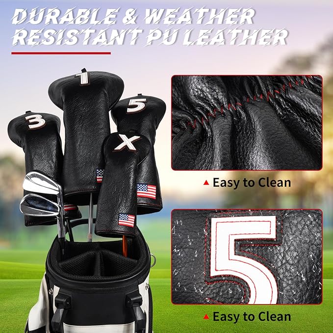 Golf Head Covers, American Flag Patriotism Golf Club Cover for Woods and Driver, Fairway, Hybrid - Premium Leather Golf Club Head Covers with Interchangeable Tags