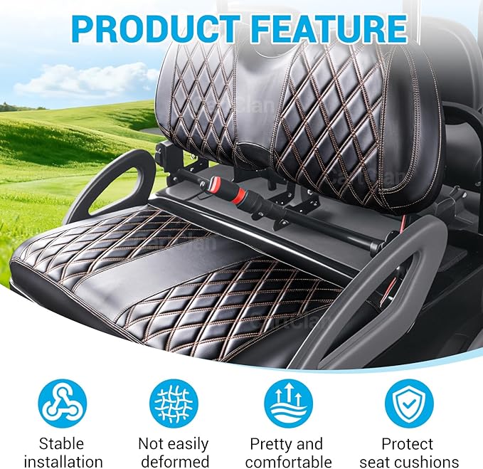Golf Cart Diamond Seat Covers Kit Suitable for Club Car Precedent Standard Front Seat Cushion, Club Car Front Seat Covers Kit No Drilling & Waterproof (Black PVC Leather & Brown Stitching)