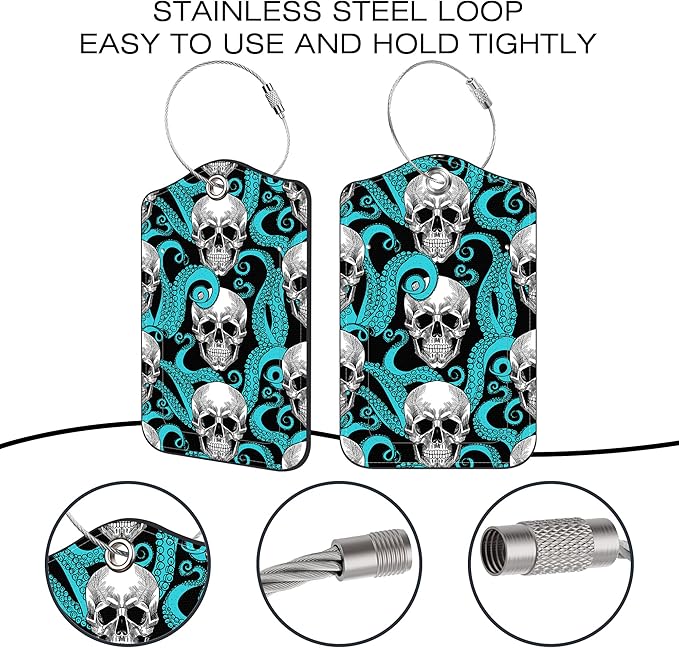 2 Pack Luggage Tags for Suitcase,Octopus Tentacles and Skull PU Leather Luggage Tags with Privacy Cover Name Address Labels and Steel Ring,Creative Travel Accessories for Men and Women