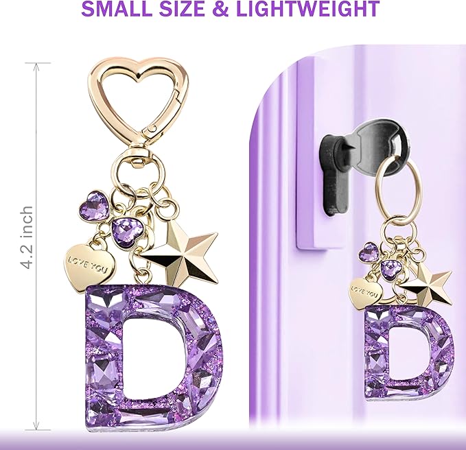 Cute Bling Keychain initial Letter Butterfly Star Pink Purple Gift for Women Girls Bag Cup Charms Accessories