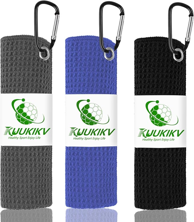 3 Pack 16" X 16" Golf Towels for Golf Bags, Premium Waffle-Pattern Golf Towel with Carabiner Clip, Super Absorbent Microfiber Towel, Golf Accessories for Men, Black-Blue-Gray Colors