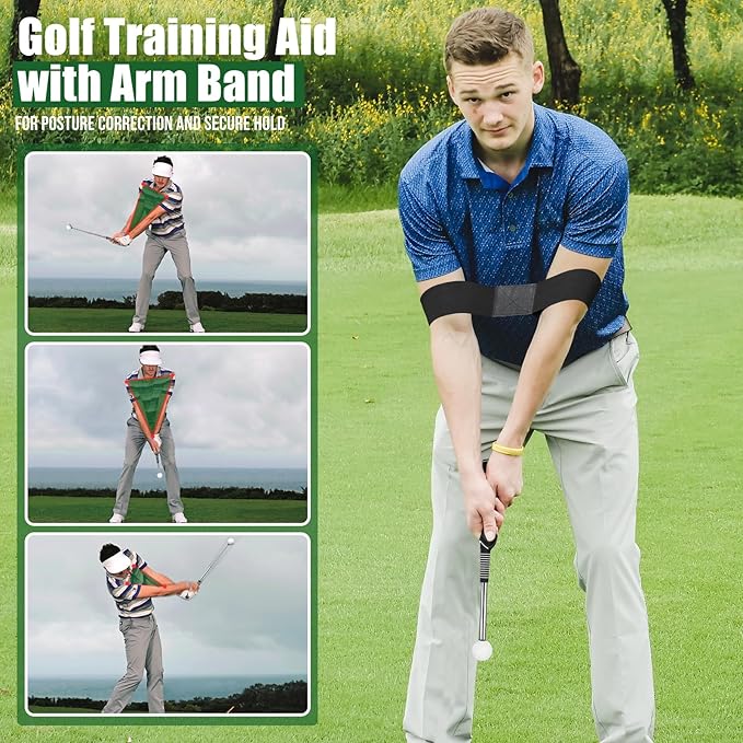 Retractable Golf Swing Training Aid, Golf Grip Trainer for Swing Tempo & Chipping Practice, Right-Handed Golf Swing Trainer with Arm Band for Beginners, Indoor Outdoor Practice