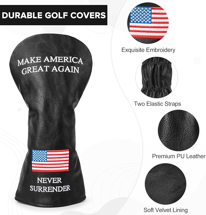 Golf Headcovers Golf Club Head Covers MAGA Style Elegant Embroidery Premium Leather Driver Fairway(FW) Wood Hybrid(UT) with Number Tags, 3 Wood Headcover Set