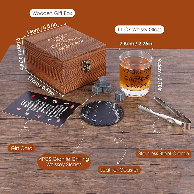 Cat Dad Gifts, Best Gift for Dad, Gift with 12oz Whiskey Glasses, Stones, Coaster, Wooden Box for Catfather