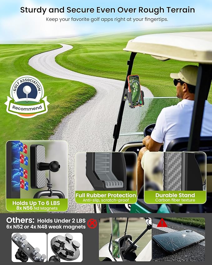 Magnetic Golf Cart Phone Holder Mount- Holds Up To 6 LB, 3s Phone Clip Install, Phone Caddy for iPhone Galaxy Fits EZGO Club Car Yamaha Icon,Golf Cart Accessories Essentials Gift for Men Women