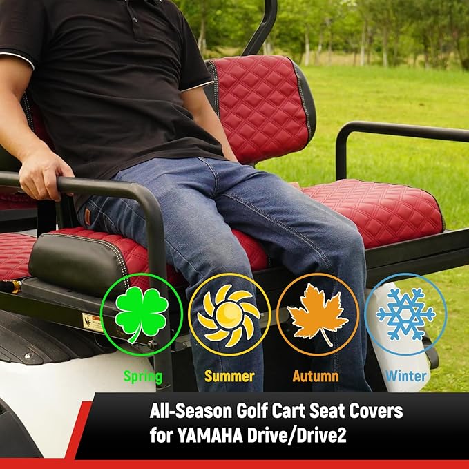 Golf Cart Seat Covers Front and Rear Waterproof and Sun Resistant Marine Grade Vinyl Leather Seat Cover Accessories for Yamaha Drive 2007-2016/Drive 2 2017+, Deep Red(4PCS)