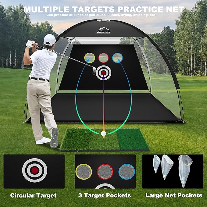 Golf Net, 10x7 Ft Golf Hitting Net with Tri-Turf Mat, Multi-Target Golf Practice Net for Outdoor/Indoor Chipping & Driving, Ideal Gift for Men/Dad/Husband/Golfers