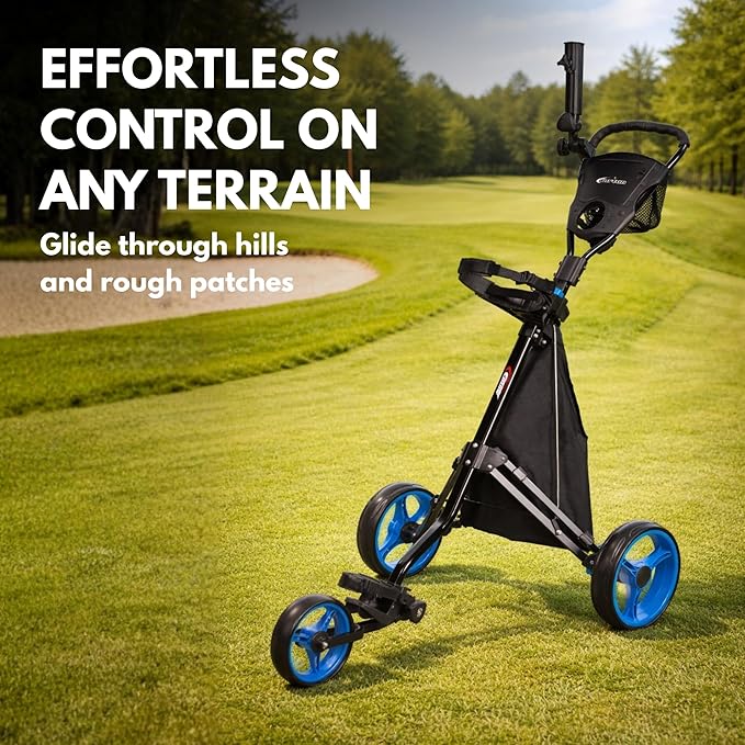 PRECISE Cruiser 3-Wheel Golf Push Cart with Stabilizer Rods & Foot Brake – Lightweight Folding Golf Trolley with Ergonomic Handle, Detachable Storage Bag & Scorecard Holder