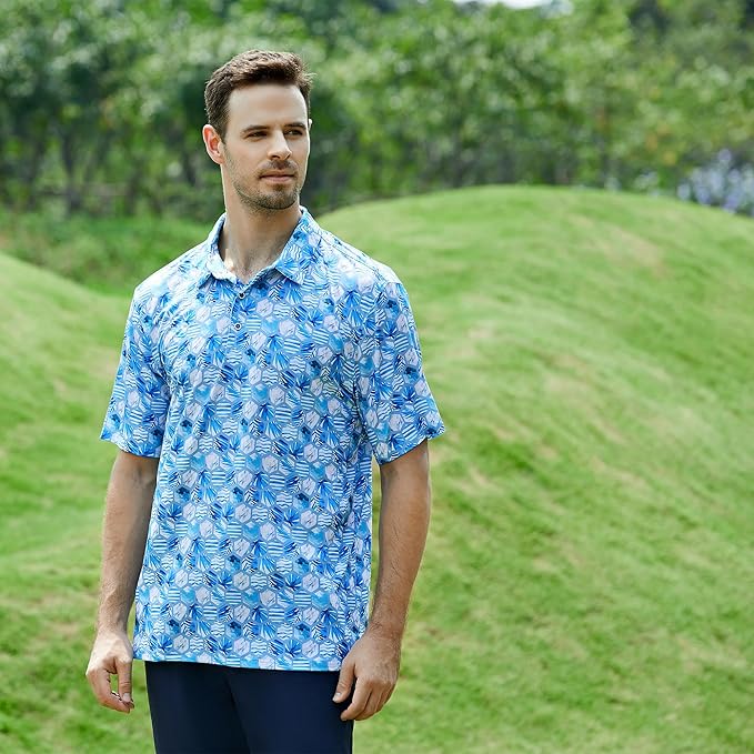 Esabel.C Golf Shirts for Men Dry Fit Performance Short Sleeve Print Moisture Wicking Collared Shirt