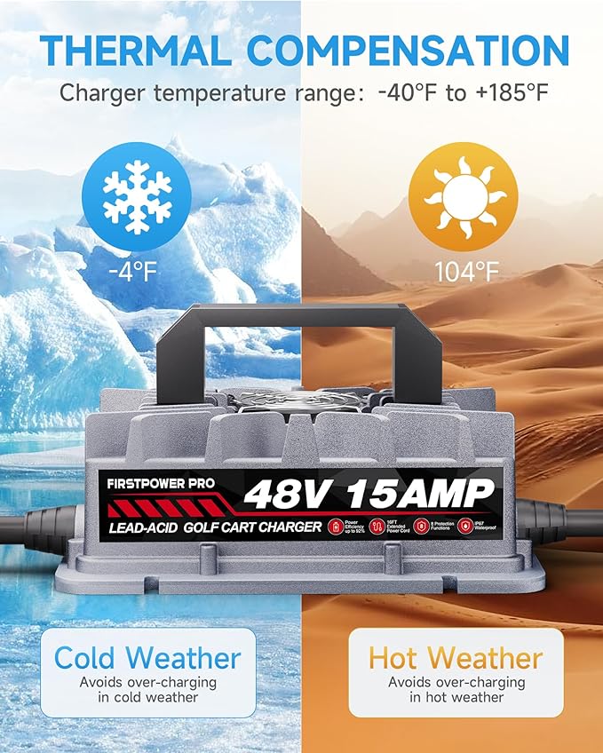 Golf Cart Charger, 48V 15A Golf Cart Battery Charger for EZGO RXV & TXT with 3 Pin Triangular, 4-6H Fast Full Charge Trickle Charge, Lead Acid Battery Charger-IP67 Waterproof with Fan Design