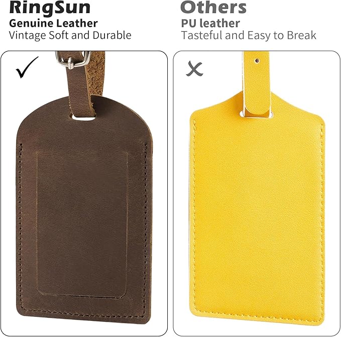 Ringsun Genuine Leather Luggage Tag for Suitcases ID Tags Bag Tags for Luggage (2 Pack)