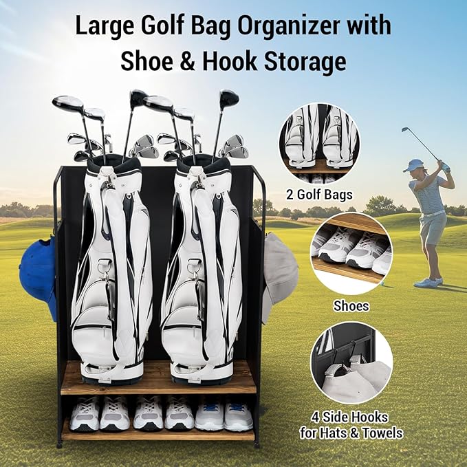 MyGift 2 Golf Bag Organizer with 2 Tier Burnt Wood Shelf for Shoes, Equipment and Hooks for Hat and Towels, Deluxe Matte Black Metal Golf Bag Storage Rack