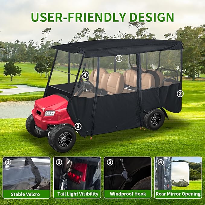 Tecoom Golf Cart Enclosure 2/4/6 Passenger, Golf Rain Cover 600D Waterproof Snowproof, Door Zippers, Clear Windows and Windproof Hooks, Universal Fit for EZGO, Yamaha, Club Car