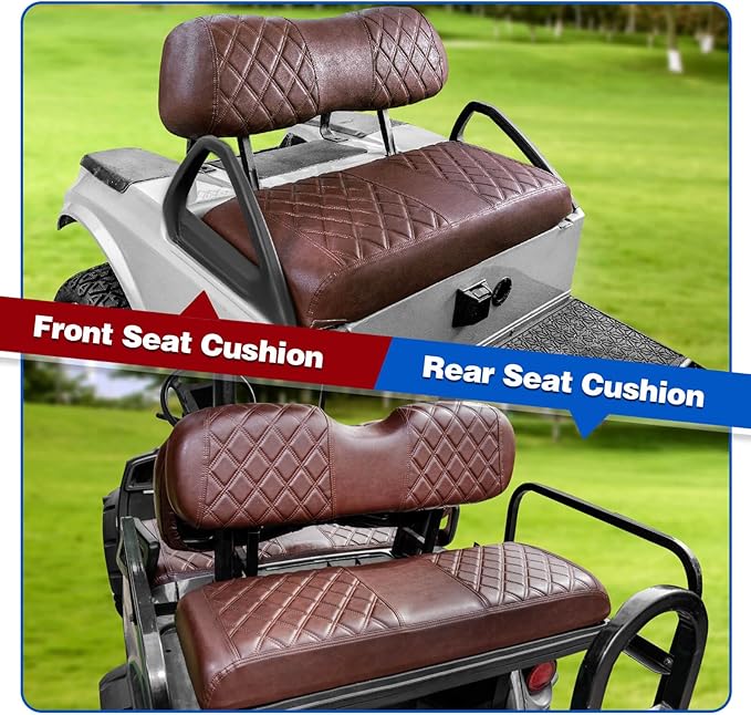 NOKINS 4PCS Golf Cart Diamond Seat Covers Kit, Front and Rear Seat Covers Fits Club Car DS 2000.5-Up Standard Seat Cushion, Club Car DS Vinyl Seat Covers Accessories (Brown Brown 8438)