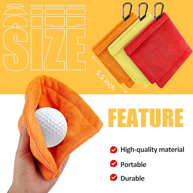 Flutesan 3 Pieces Golf Ball Towel 5.5 x 5.5 Inch, Wet and Dry Small Pocket Towel with D Clip Portable Golf Ball Cleaner Accessories for Men Women Course Exercise