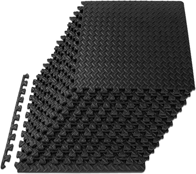 ProsourceFit Puzzle Exercise Mat ½ in, EVA Interlocking Foam Floor Tiles for Home Gym, Mat for Home Workout Equipment, Floor Padding for Kids, Black, 24 in x 24 in x ½ in, 48 Sq Ft - 12 Tiles