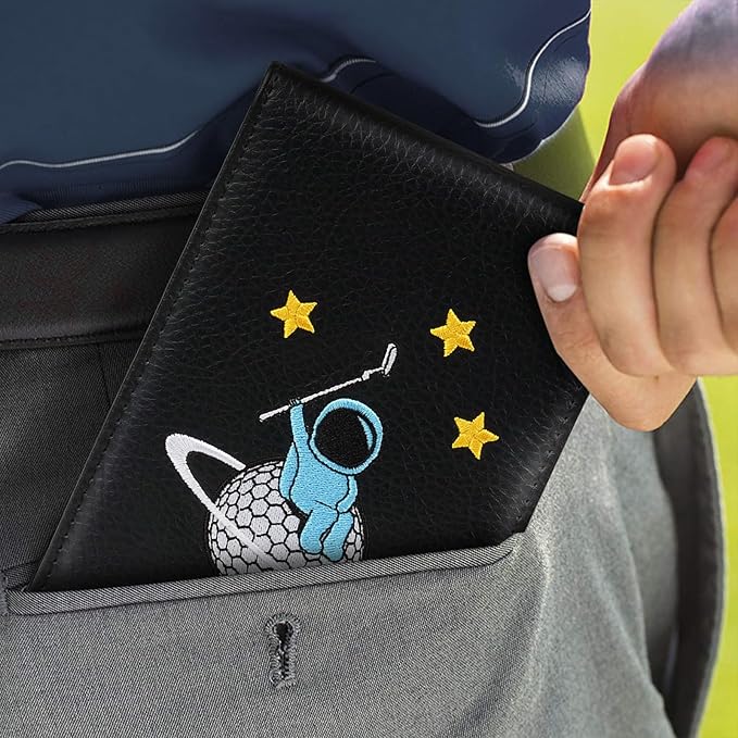 2thpart Astronaut Embroidery Golf Scorecard Holder & Yardage Book Cover, Pencil Included, Black, 7.1" x 4.4"