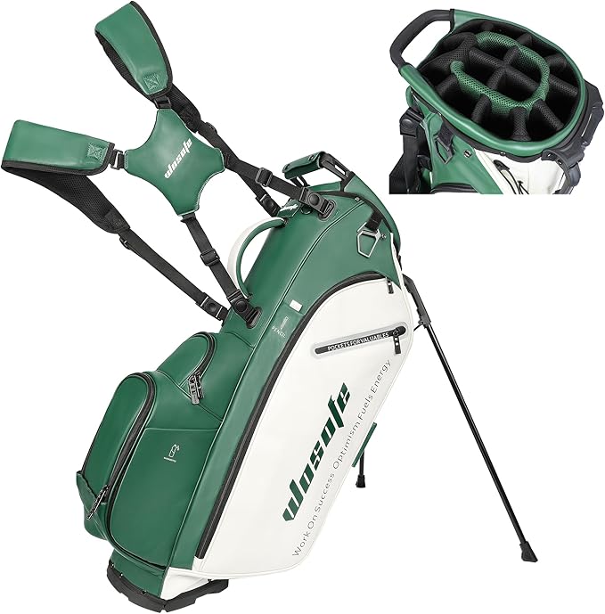 Lightweight 14-Way Golf Stand Bag, PU Leather Golf Bag Waterproof Men Women Full Length Top Dividers, Multiple 8 Pockets Cooler Pouch Adjustable Detachable Shoulder Dual Straps Rain Cover Hood