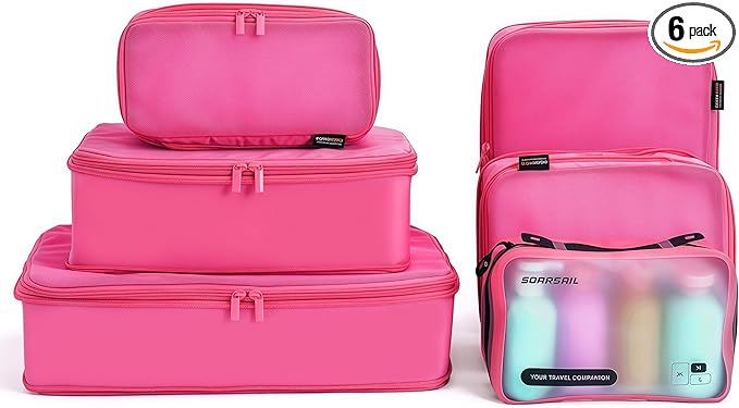6 Set Compression Packing Cubes for Travel, Large Medium Small Luggage Organizers, Storage Bags for Clothes and Essentials (6 Pack, Rose Red)