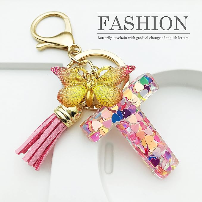 JINGUAZI Initial letter Keychains for Women Tassel Butterfly Pink Purple Cute Car Keychain for Wallet Backpack bag charm