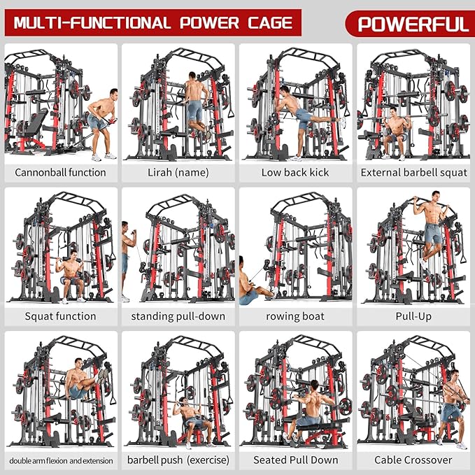 Smith Machine，Multi-Function Squat Rack Power Cage with Cable Crossover System,with Optional Weight Bench, Olympic Barbell Weight Set, for Home Gym